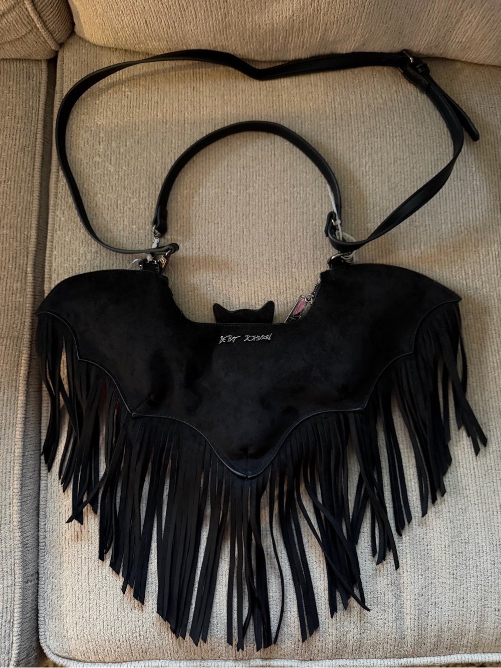 Betsey Johnson Black Fringe Bat Halloween Shoulder Bag